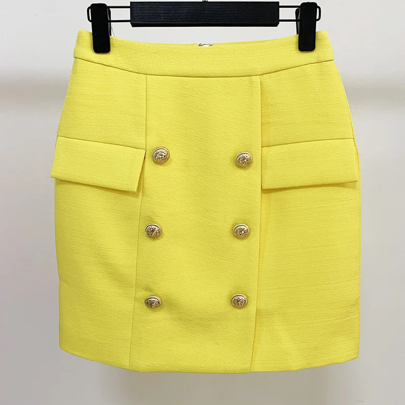 Lion Buttons Embellished Textured Skirt - Divawearfashion