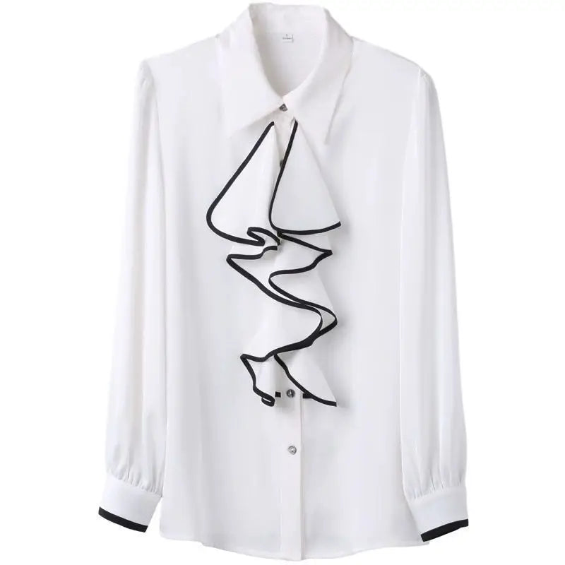 Long Sleeve Lapel Top Ruffles Wave Cut Blouse - Divawearfashion