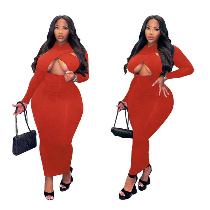 Plus Size Irregular Neck Clube Sexy Dress Bodycon Party Long Sleeve Midi Dress - Divawearfashion