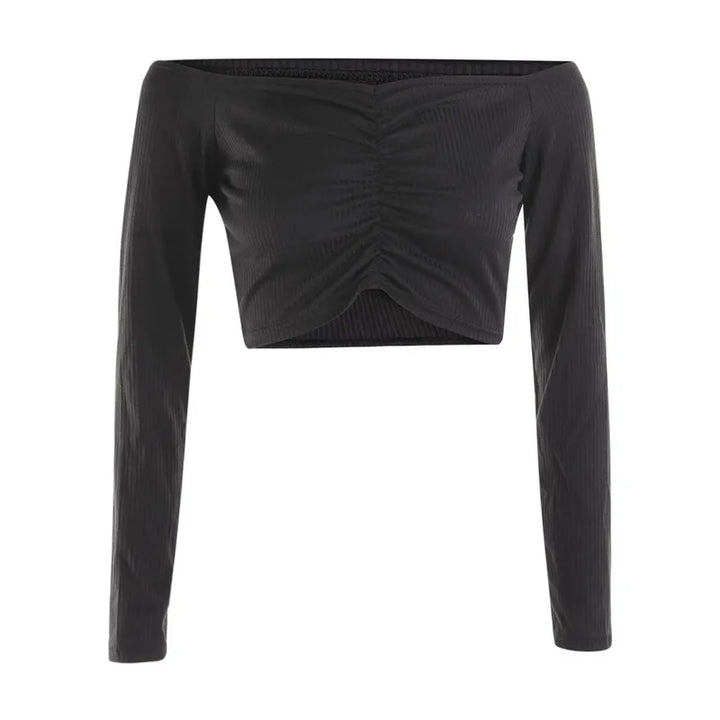 Long Sleeve Off Shoulder Solid Color Crop Top - Divawearfashion