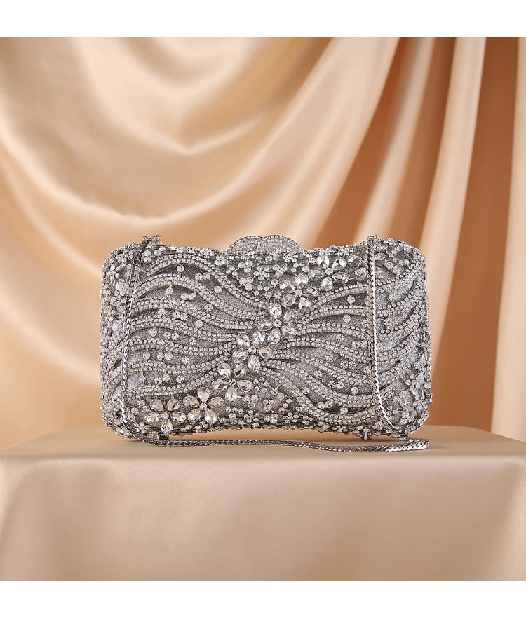 Silver Gold Black Crystal Diamond Beading Clutch - Divawearfashion