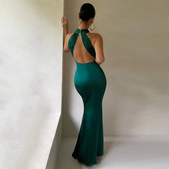 Cross Halter Long Backless Cocktail Dress - Divawearfashion