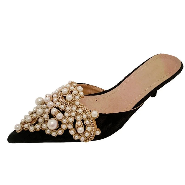 String Pearl Bead Crystal Slip-Heels - Divawearfashion