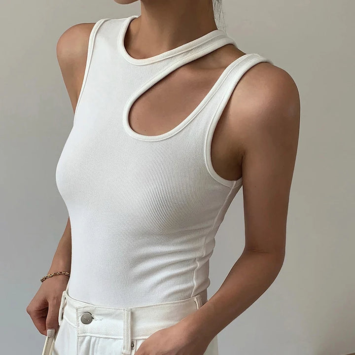 Cut Out Round Neck Sleeveless T Shirts - Divawearfashion