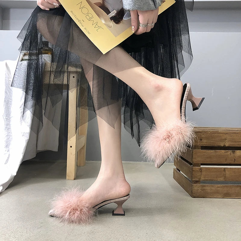 Non-Slip High Heels Rubber Bottom Fur High Heel Sandals - Divawearfashion