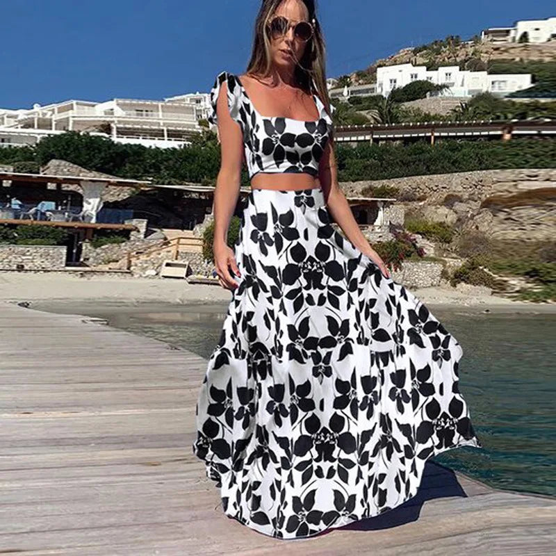 2 PCS Crop Top + High Waist Long Skirt Set - Divawearfashion