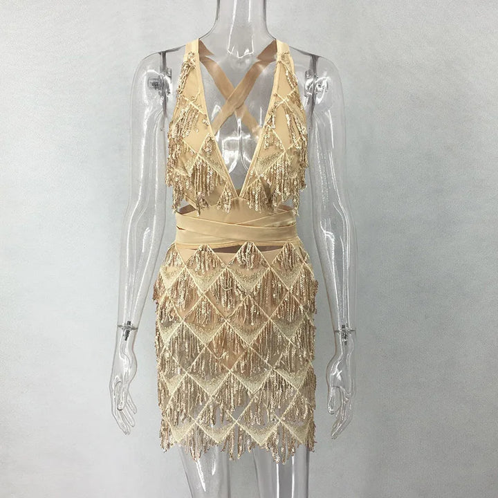 Sparkle Backless Tassel Sequin Bodycon Mini Dress - Divawearfashion