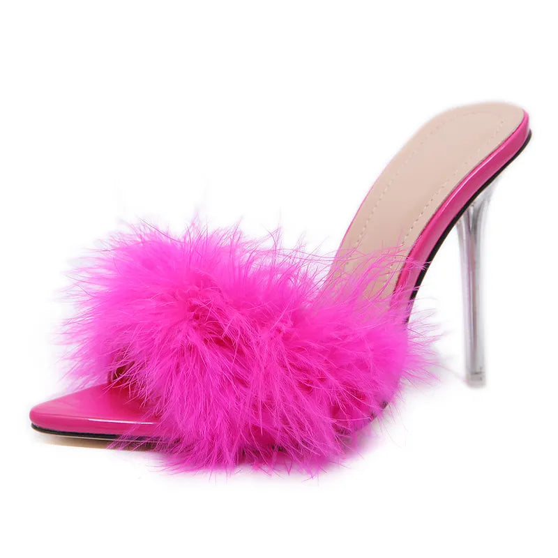 Feather Peep Toe Transparent High Heels Mules - Divawearfashion