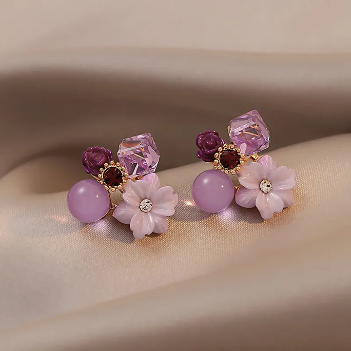 Noble Purple Crystal Flower Stud Earrings - Divawearfashion