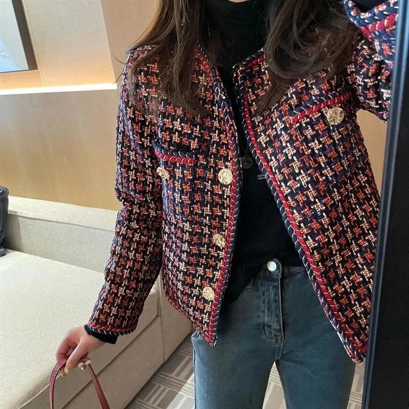 Weave Plaid Tweed Blazer with Pocket - Divawearfashion