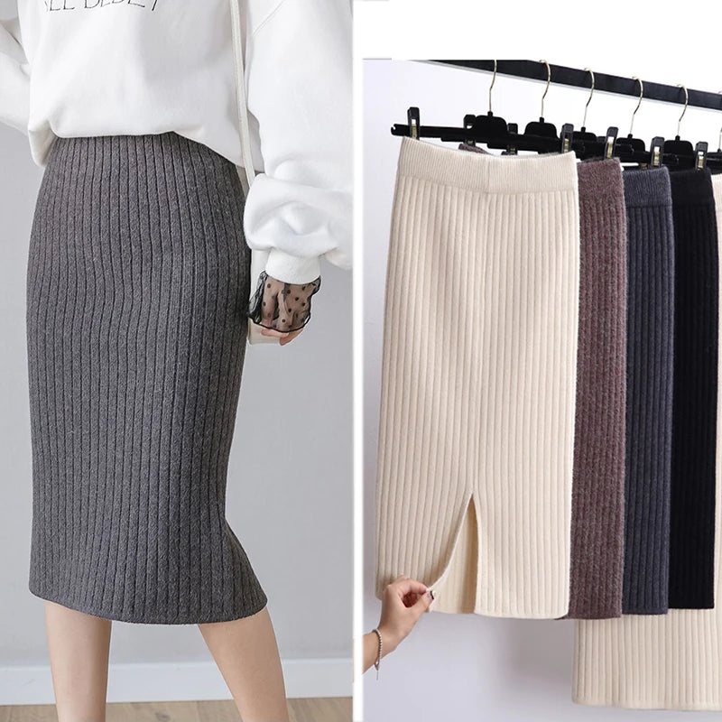 Warm Knitted High Waist Long Pencil Skirt - Divawearfashion
