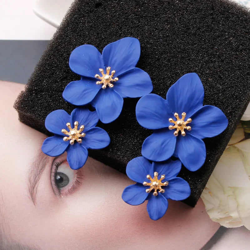 Big Double Flower Drop Earrings - Divawearfashion