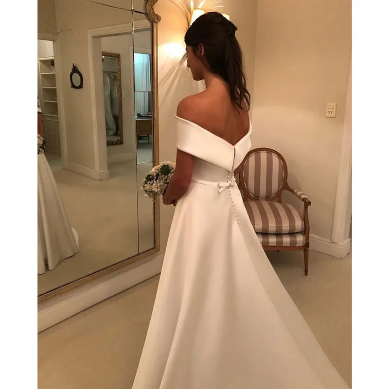 Satin Off The Shoulder Elegant Wedding Dress - Divawearfashion