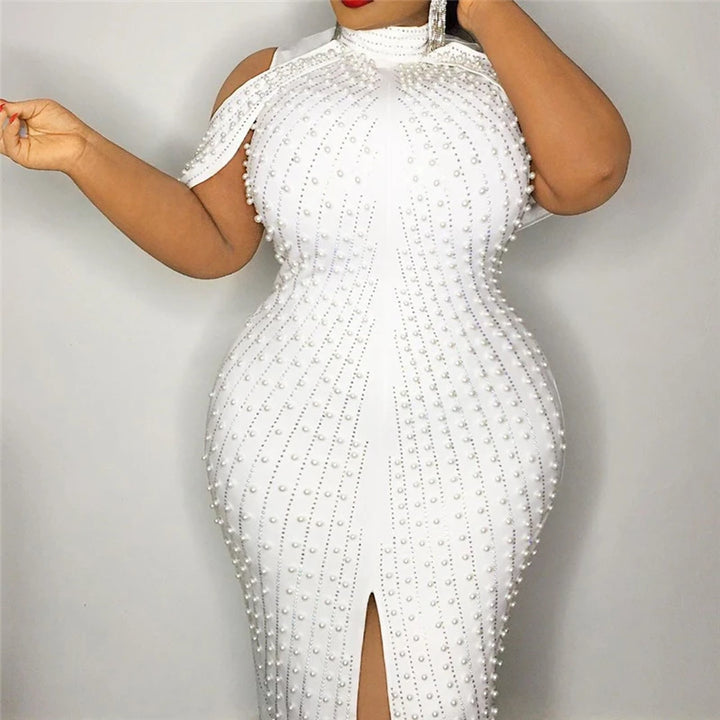 Plus Size High Waist Sexy Bodycon Mini Dress with Pearls - Divawearfashion