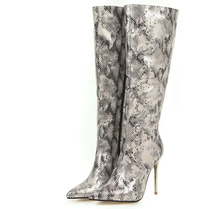 Leather/Snakeskin Long Boots with High Heels - Divawearfashion