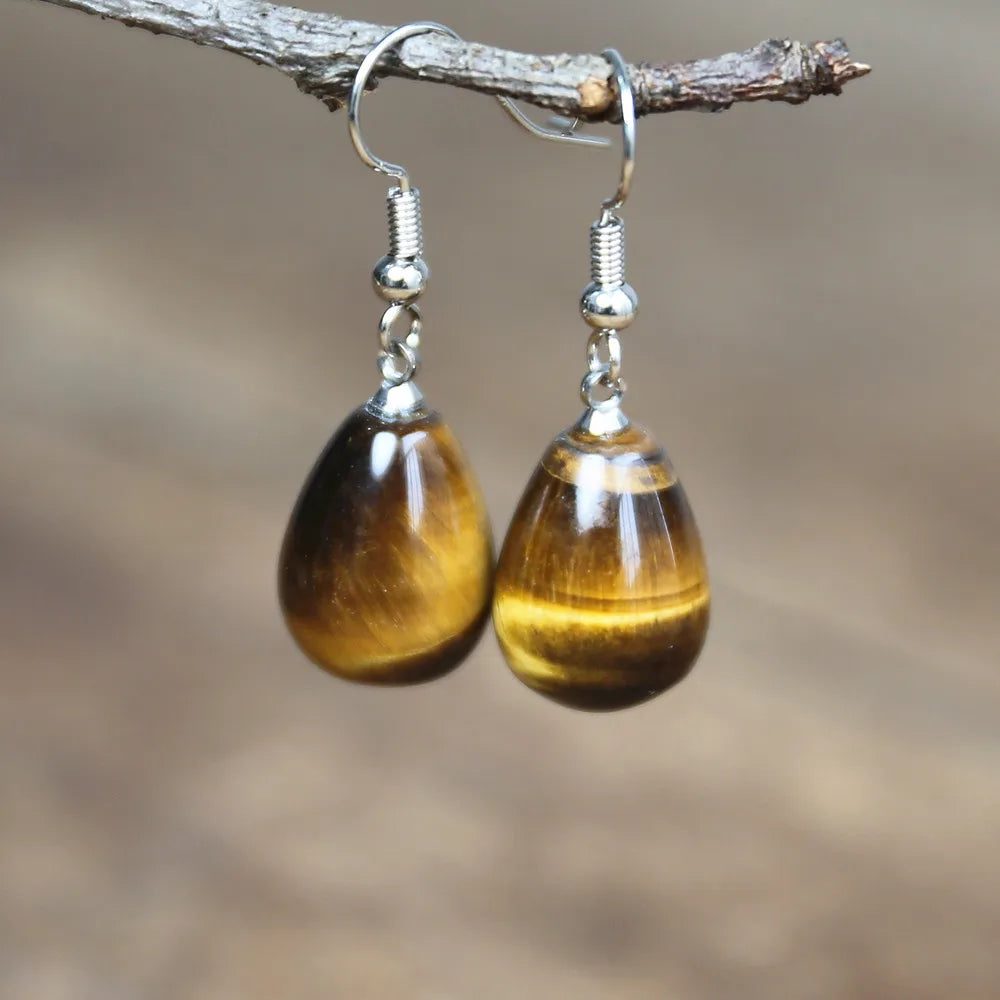 Natural Tiger Eye Stone Dangle Earrings - Divawearfashion