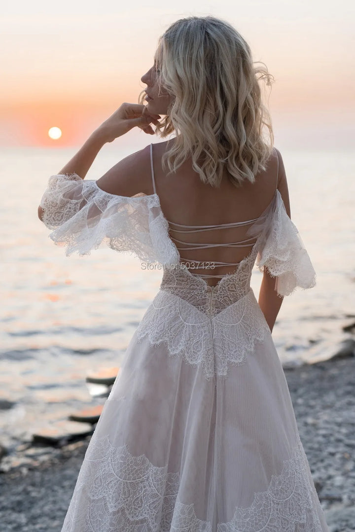 Bohemian V Neck Chic Sleeveless Straps Ruffles Lace A Line Backless Wedding Dress - Divawearfashion