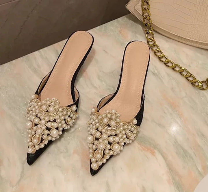 String Pearl Bead Crystal Slip-Heels - Divawearfashion