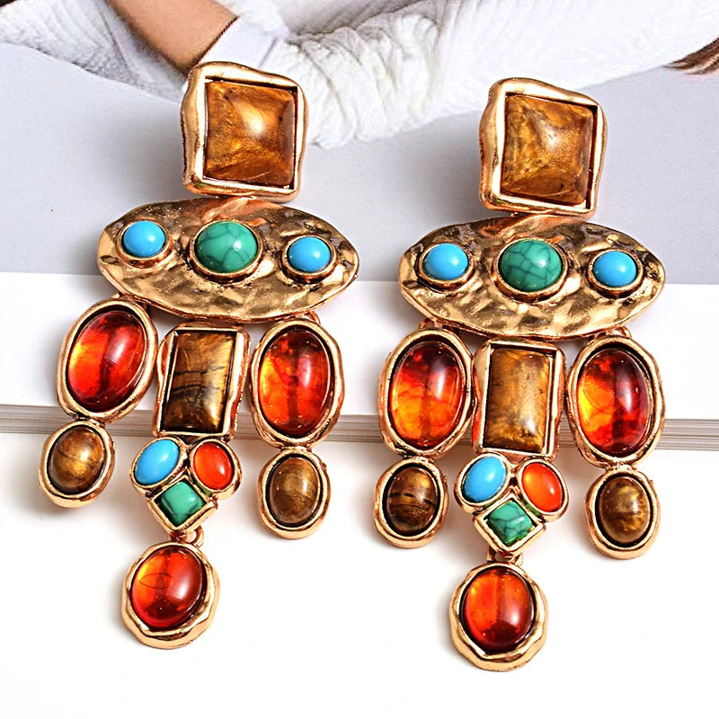 New Vintage Metal Colorful Stone Earrings - Divawearfashion