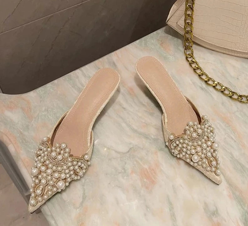 String Pearl Bead Crystal Slip-Heels - Divawearfashion