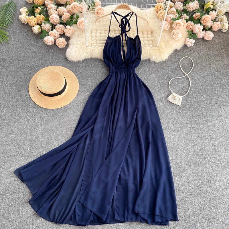 V Neck Backless Long Split Casual Summer Dress - Divawearfashion