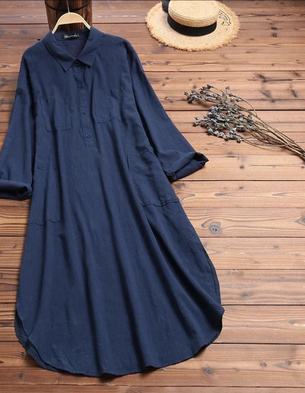 Lapel Neck Long Shirt Cotton Dress - Divawearfashion