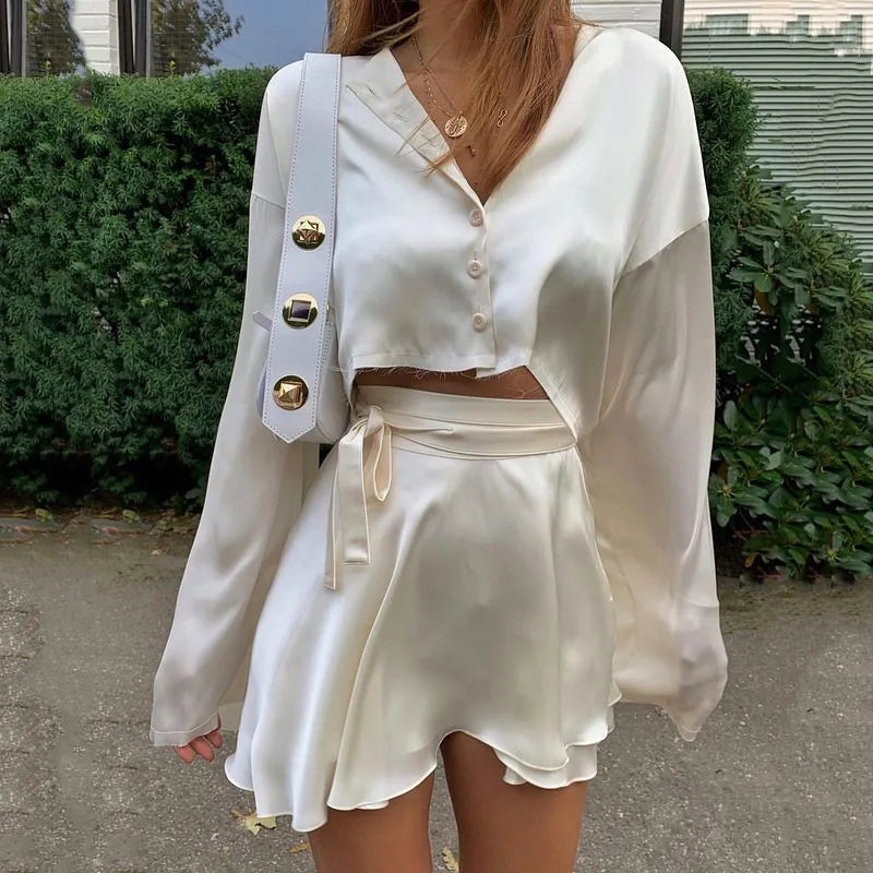 2 PC Silk Lantern Long Sleeves Crop Top & High Waist Mini Skirt - Divawearfashion