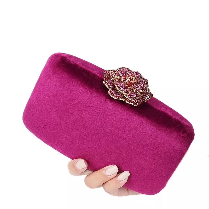 Evening Velvet Clutch Bag with Diamond Flower Lock - Divawearfashion