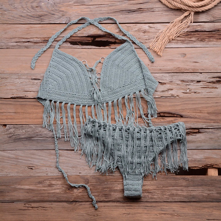 Crochet Knitted Tassel Push Up Bra & Thong Bikini Set - Divawearfashion