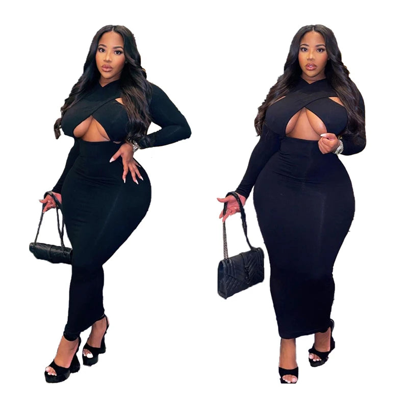 Plus Size Irregular Neck Clube Sexy Dress Bodycon Party Long Sleeve Midi Dress - Divawearfashion