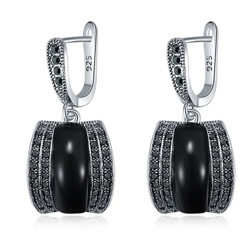 Geometric Stones Silver Black Rhinestone Drop Earrings - Divawearfashion