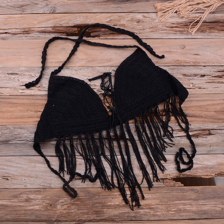 Crochet Knitted Tassel Push Up Bra & Thong Bikini Set - Divawearfashion