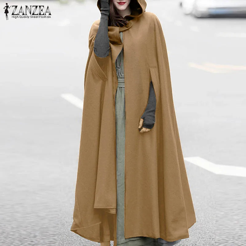 Poncho Hooded Front Cloak Loose Solid Long Coat Hoodies - Divawearfashion
