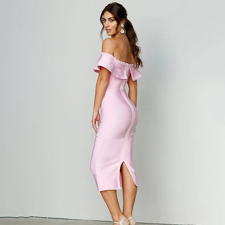 Pink Long Off Shoulder Bodycon Midi Dress - Divawearfashion