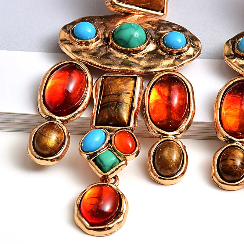 New Vintage Metal Colorful Stone Earrings - Divawearfashion