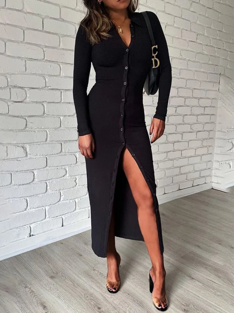 Long Sleeve Button Up Knitted Ankle-Length Dress - Divawearfashion