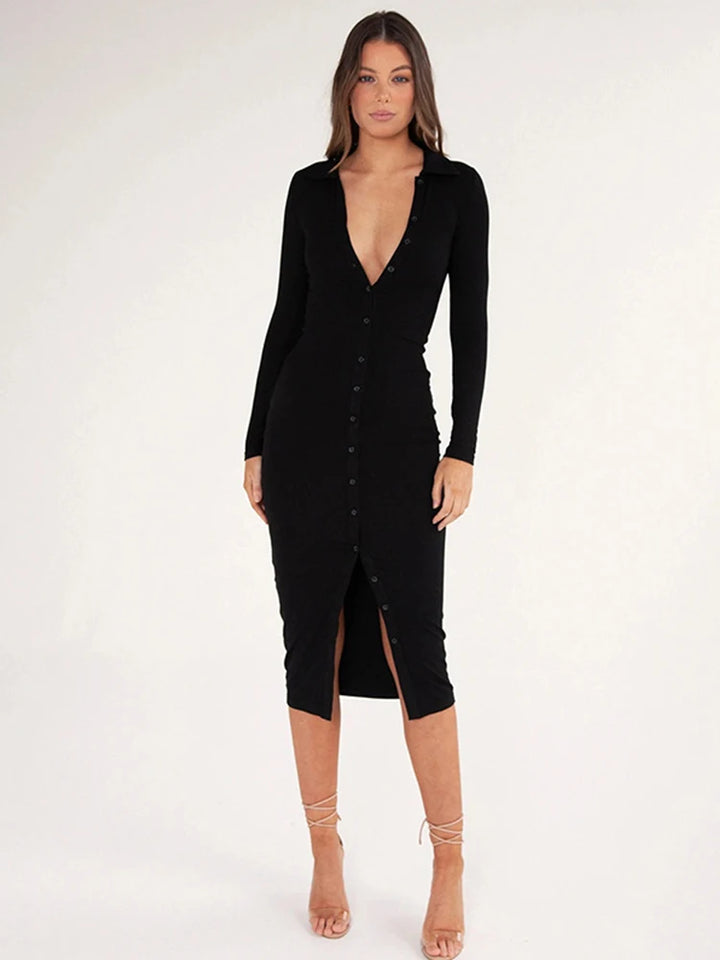 Long Sleeve Button Up Knitted Ankle-Length Dress - Divawearfashion