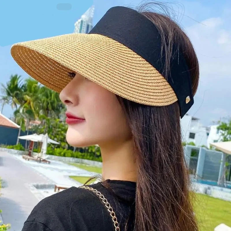 COKK Summer Hat Empty Top Sun Visor Ladies Hats For Women Outdoor Sunhat Beach Hat Female Wide Brim Adjust Sunshade Folding Cap - Divawearfashion