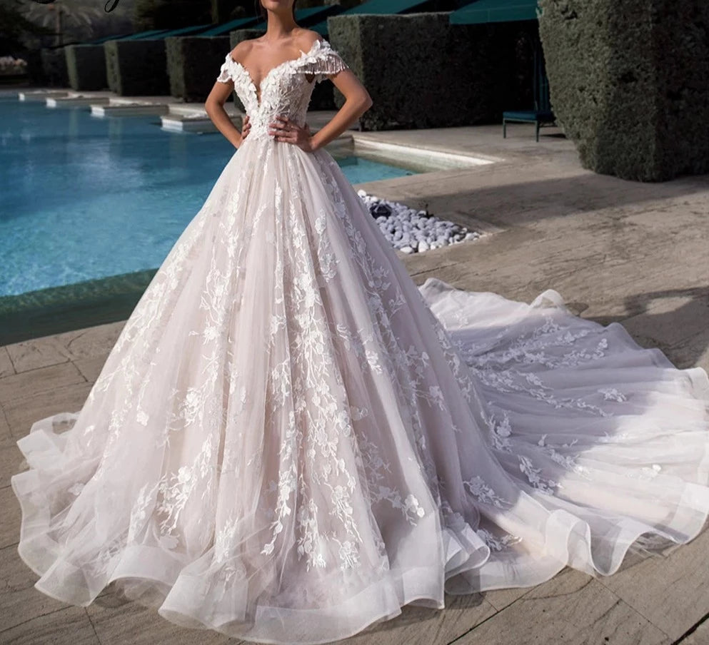 Off The Shoulder Appliques Lace Up Wedding Dress with Cathedral Train - Divawearfashion