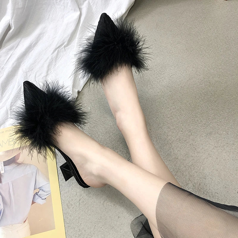 Non-Slip High Heels Rubber Bottom Fur High Heel Sandals - Divawearfashion