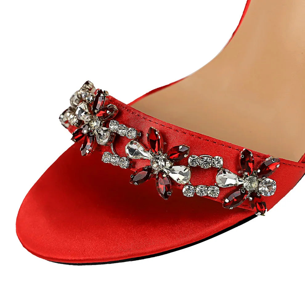 Satin Strap 9cm High Heels Crystal Sandals - Divawearfashion