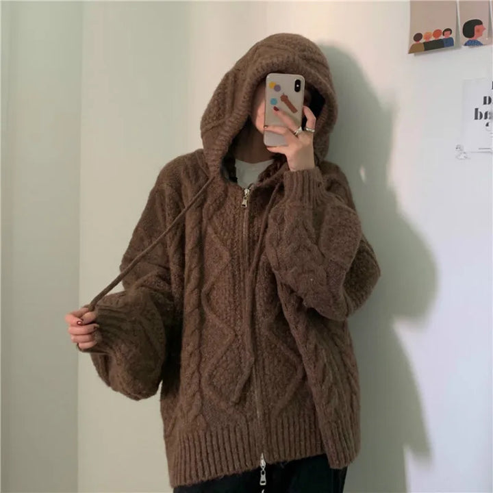 Winter Oversize Knitted Cardigan Sweater with Zipper Outerwear - Divawearfashion