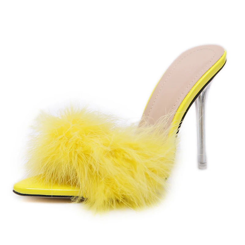 Feather Peep Toe Transparent High Heels Mules - Divawearfashion