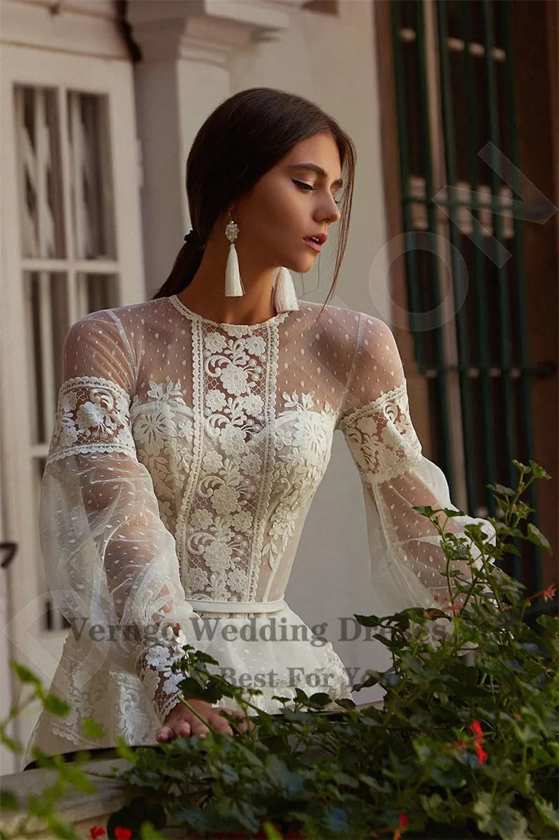 Boho Long Sleeve Puffy Sleeve Dot Tulle Lace Wedding Dresses with Buttons - Divawearfashion