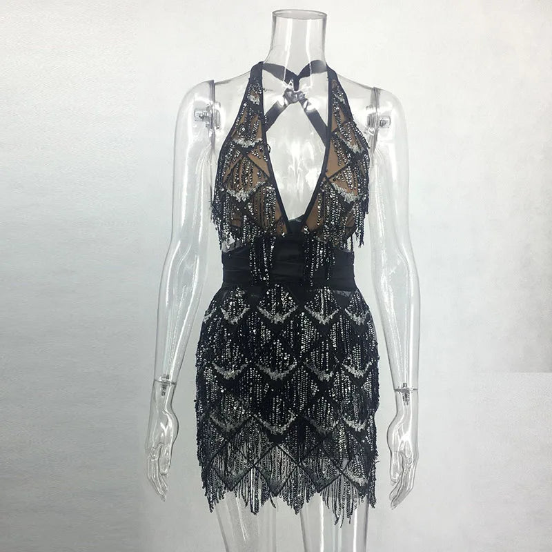 Sparkle Backless Tassel Sequin Bodycon Mini Dress - Divawearfashion