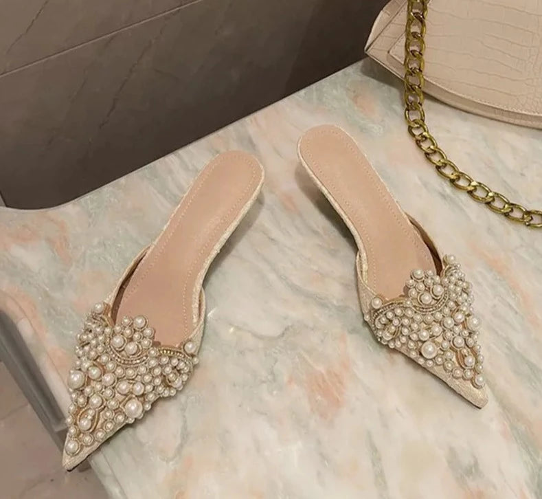 String Pearl Bead Crystal Slip-Heels - Divawearfashion