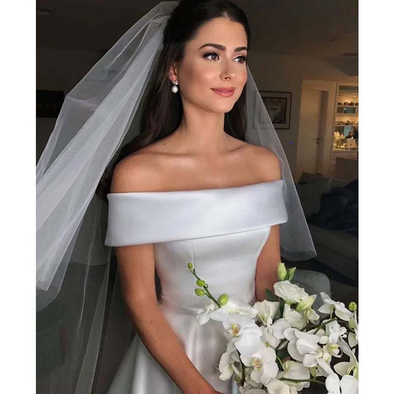 Satin Off The Shoulder Elegant Wedding Dress - Divawearfashion