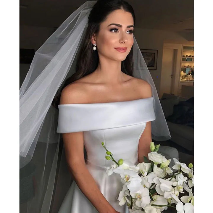 Satin Off The Shoulder Elegant Wedding Dress - Divawearfashion