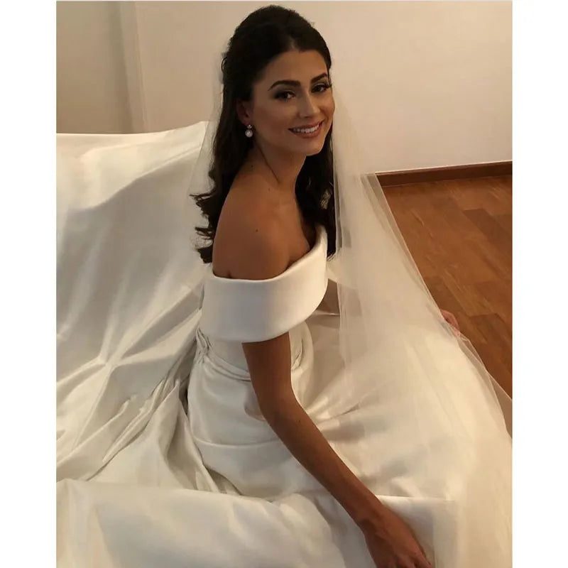 Satin Off The Shoulder Elegant Wedding Dress - Divawearfashion