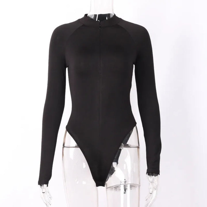 Sexy Sheath Velvet Long Sleeve Zipper Bodysuit - Divawearfashion